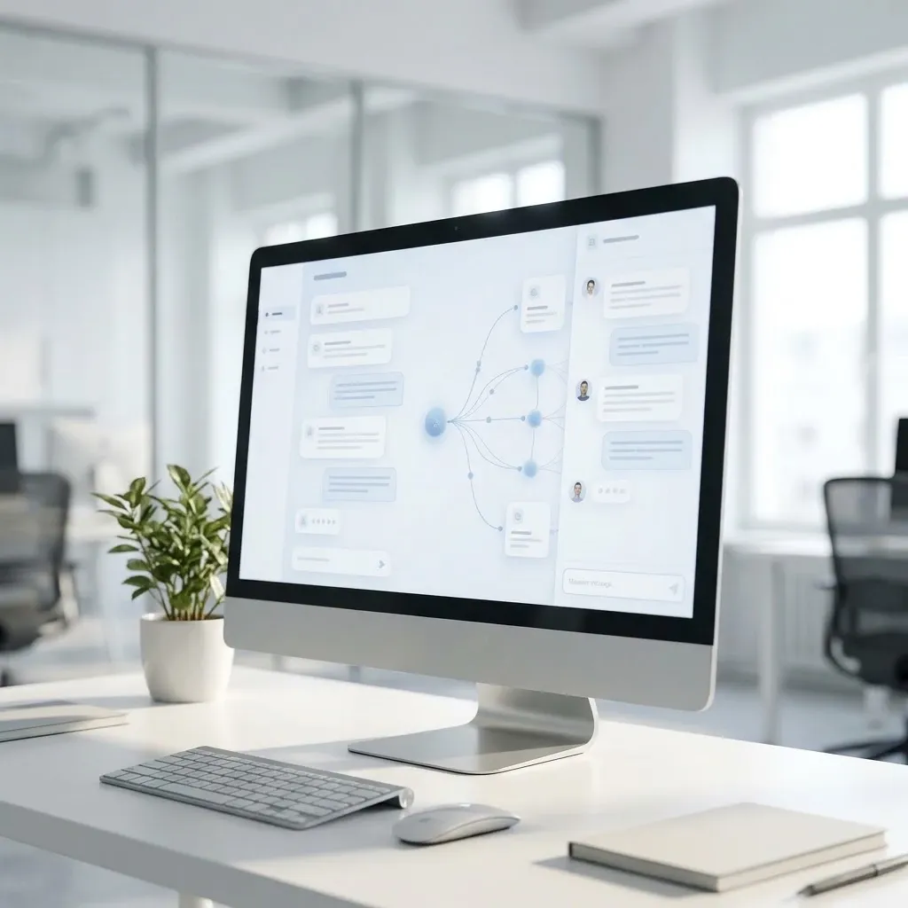 A monitor showing an AI assistant and a network of connected systems on a desk in a bright office