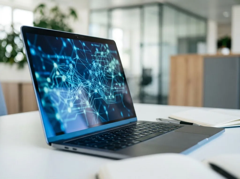 Laptop showing a blue data network visualization