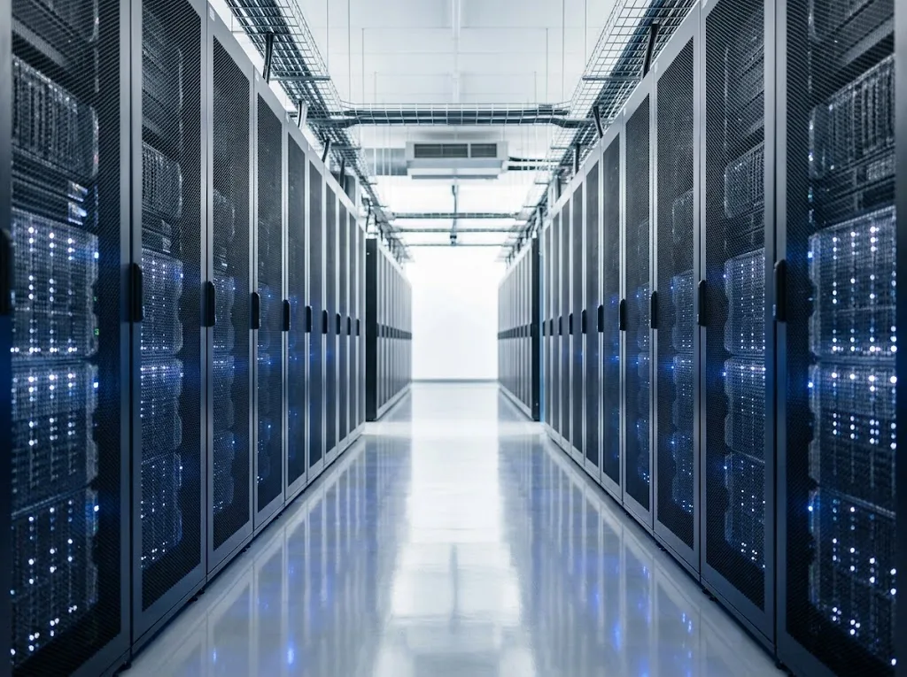 Aisle of server racks in a data center