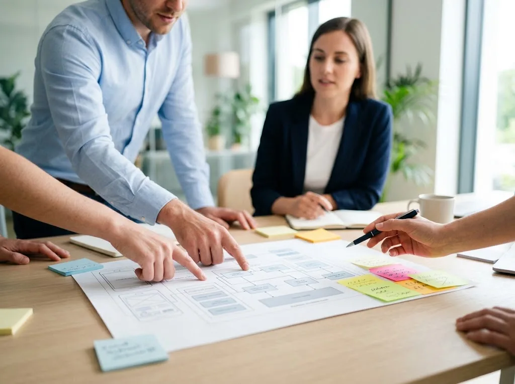 Team pointing at a system diagram on a meeting table