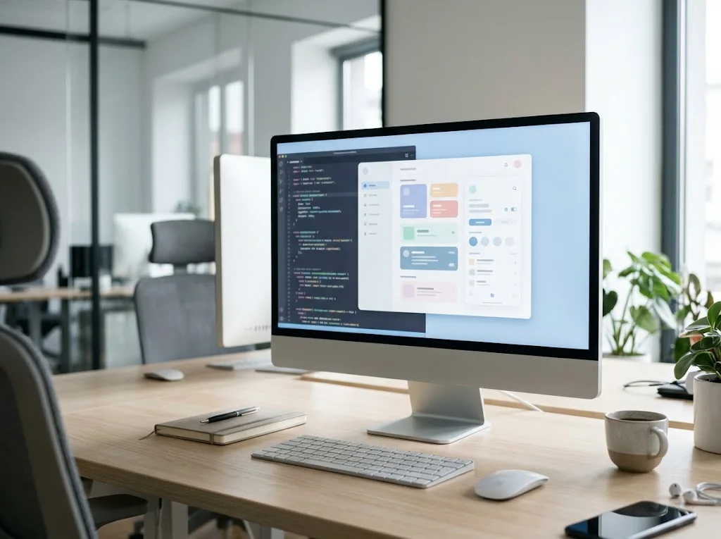 Developer workspace with a monitor showing code and an app interface